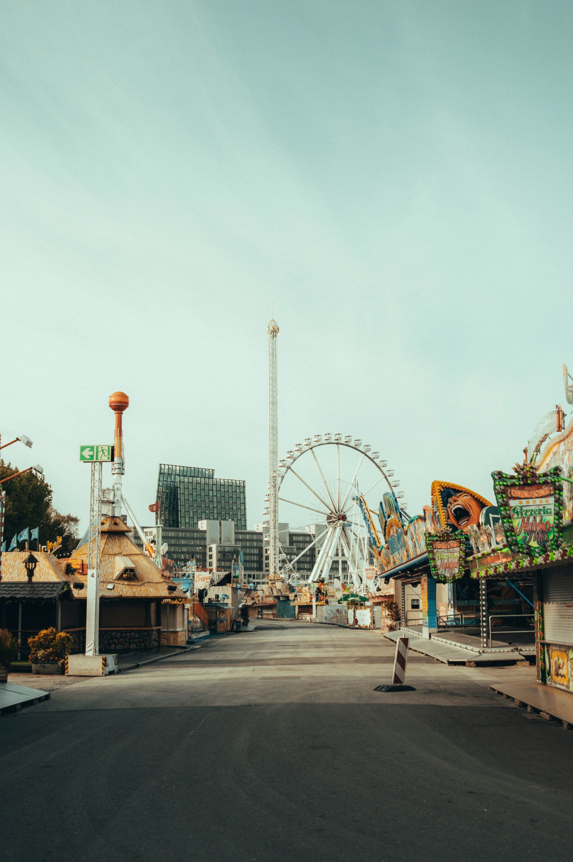 people walking on park with ferris wheel in the distance